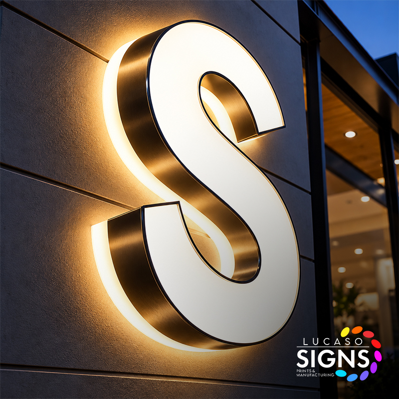 Custom halo-lit channel letter sign with warm white LED backlighting mounted on a commercial building wall