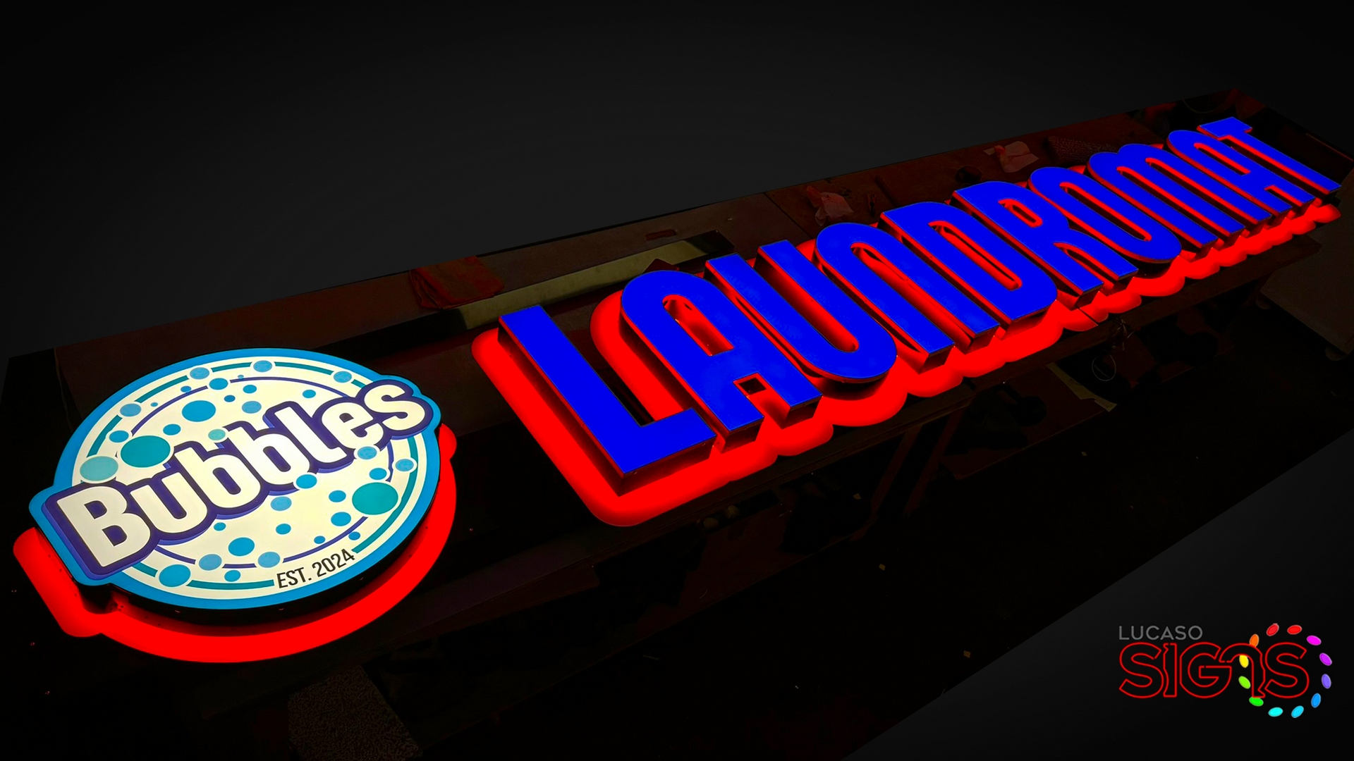 Laundry blue letters and logo with double LED light on raceways by lucaso signs