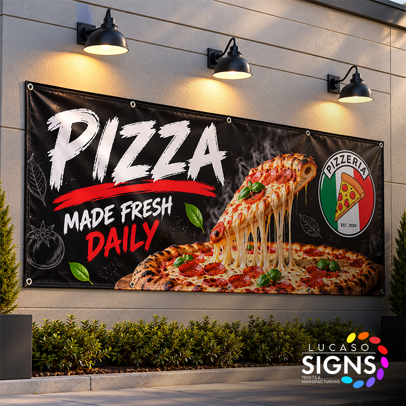 Custom outdoor vinyl pizza banner with full-color large format printing, professionally installed on a commercial building by Lucaso Signs