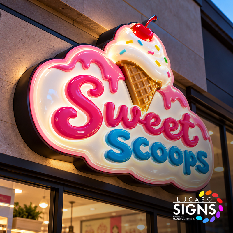 Custom thermoformed illuminated storefront sign featuring a colorful 3D ice cream logo with raised lettering and LED lighting.