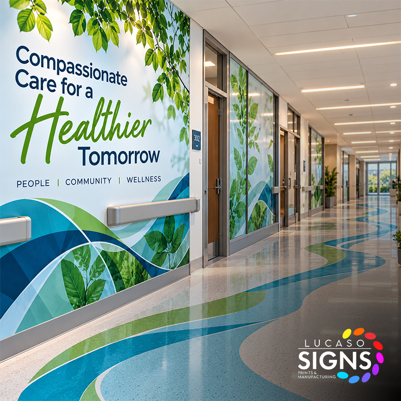 Custom printed healthcare facility wall murals and decorative floor graphics featuring colorful architectural branding and environmental graphics.