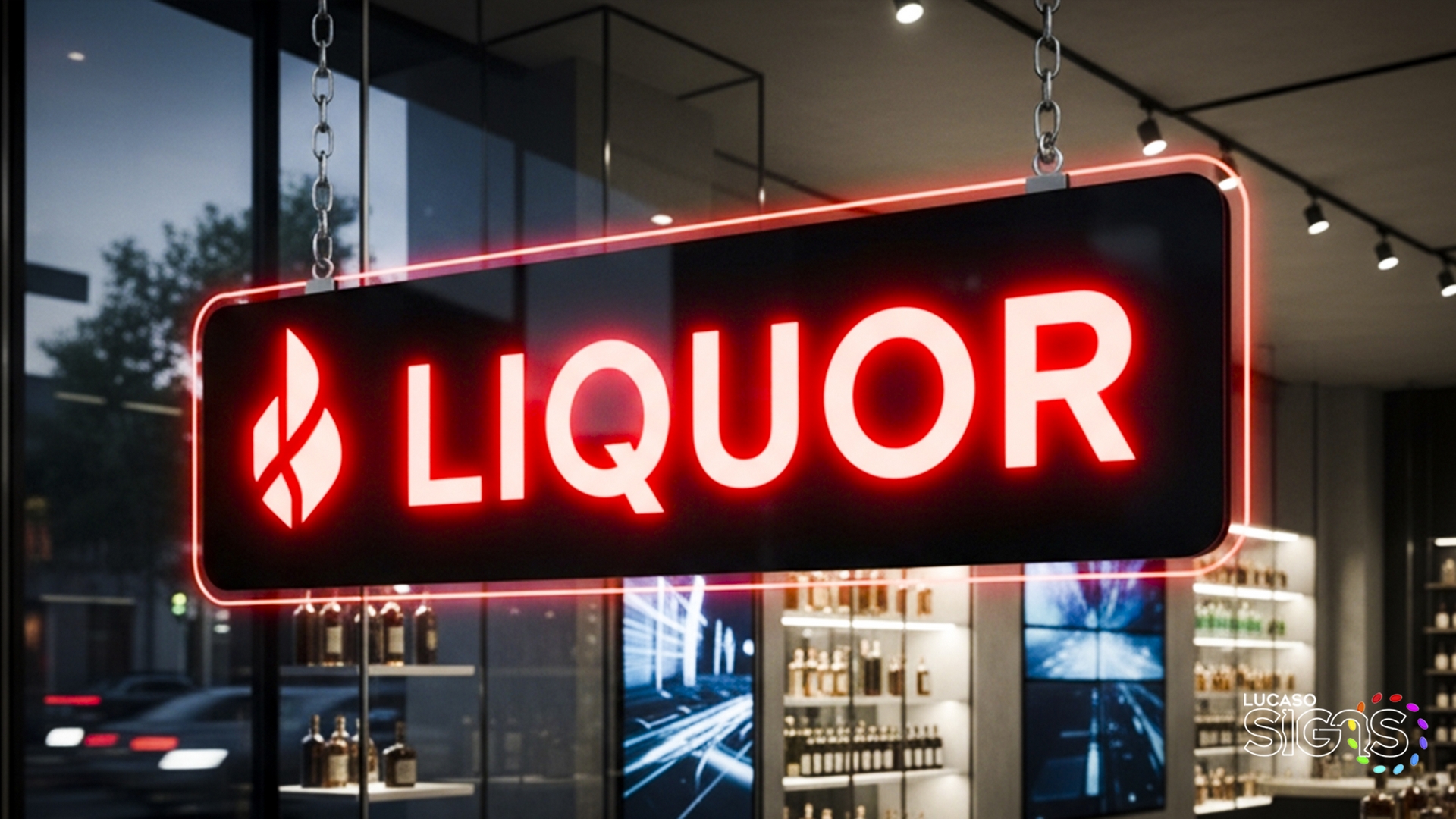 Hanging illuminated sign with bold red LED letters reading LIQUOR, glowing inside a modern storefront window by Lucaso Signs