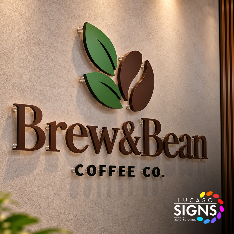 Custom dimensional lobby sign featuring Brew &amp; Bean Coffee Co. logo with raised lettering and decorative coffee leaf graphics on an interior wall