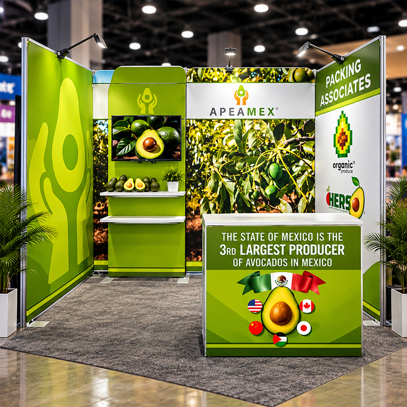 Custom portable trade show exhibition booth featuring full-color branded backwalls, promotional counters, and coordinated display graphics.