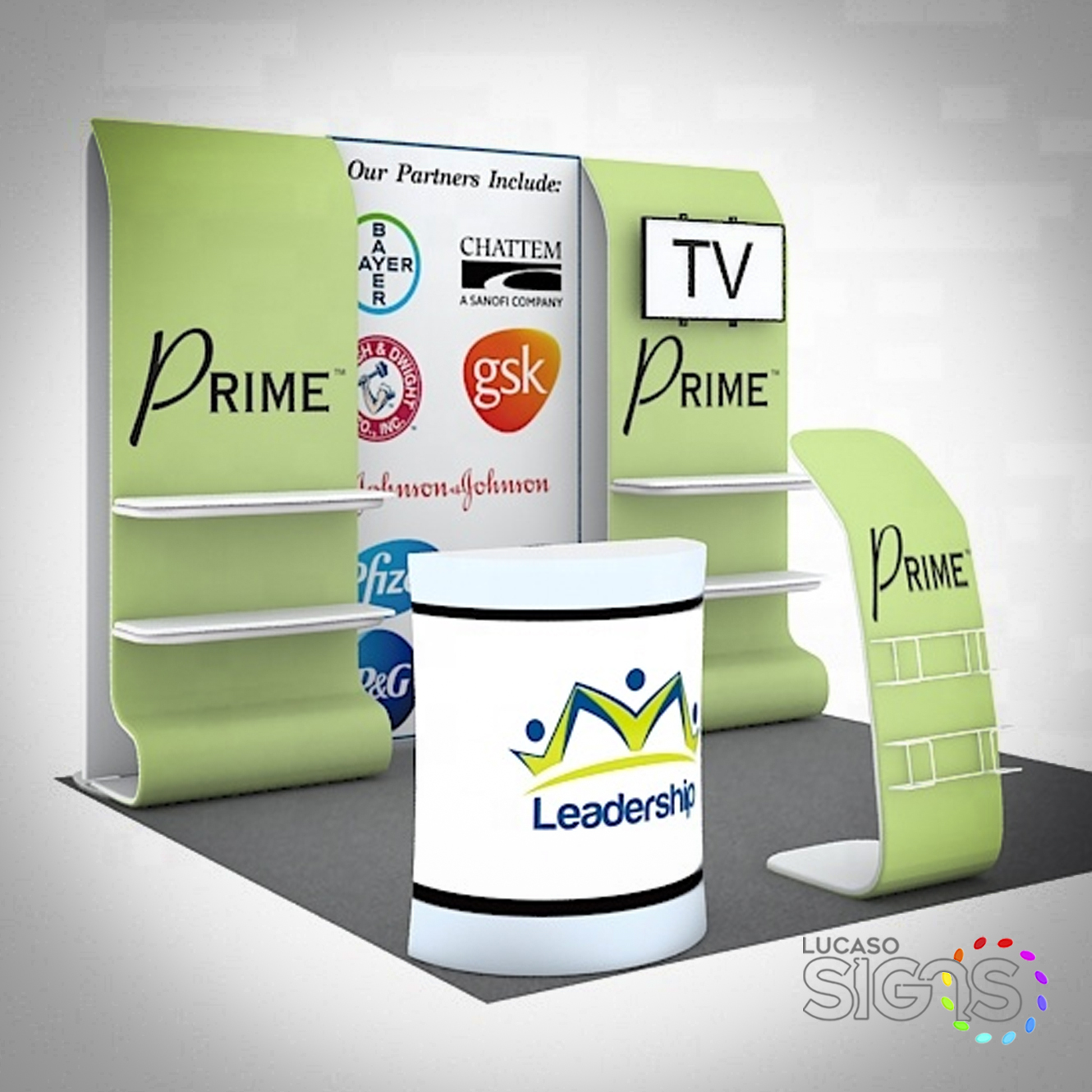 10x10 custom trade show booth with green panels, shelves, counter, brochure stand, and TV mount by Lucaso Signs