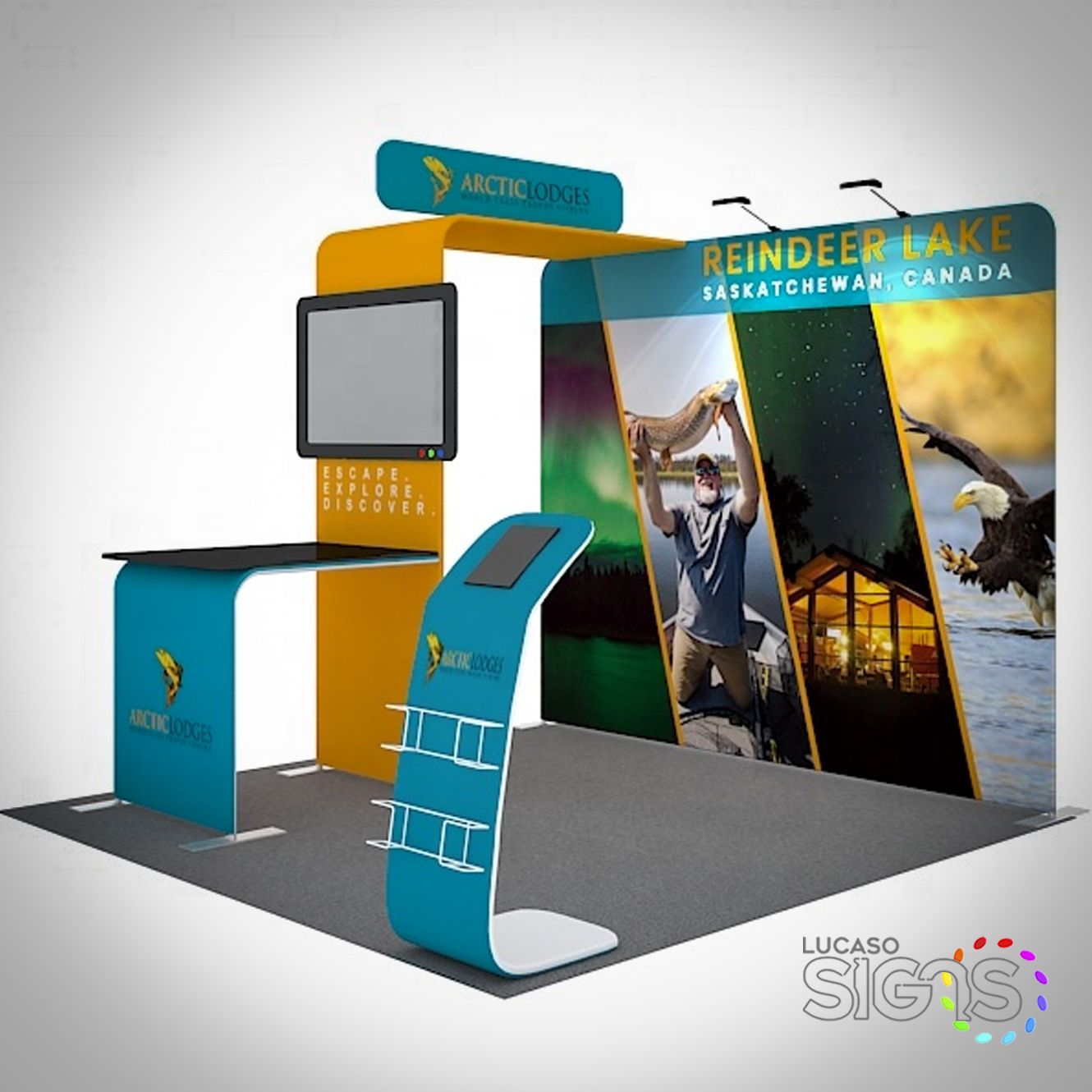 10x10 custom trade show booth display with printed graphics, counters, and brochure stand by Lucaso Signs