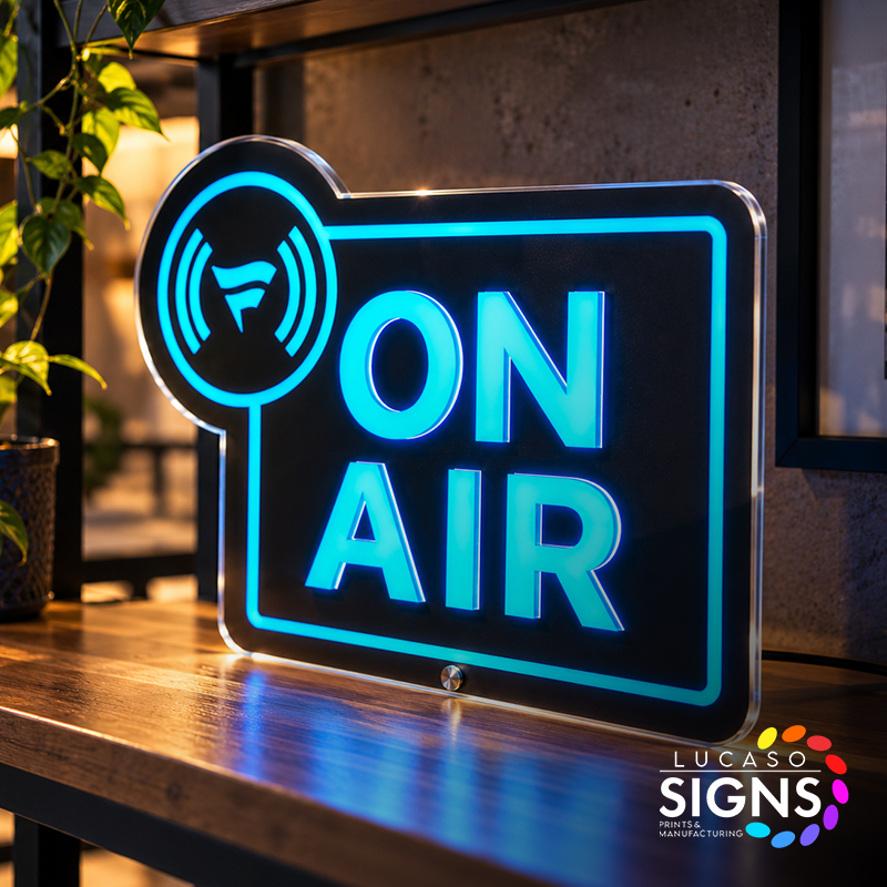 Ultra-thin LED light box featuring a blue illuminated ON AIR graphic with a slim black frame