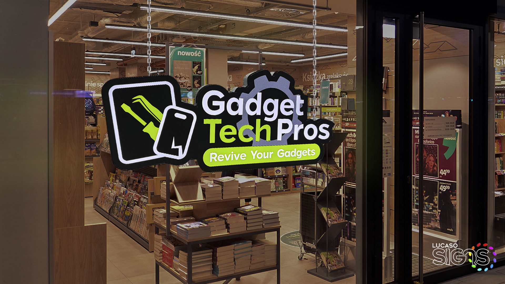 retail store hanging window sign by lucaso signs